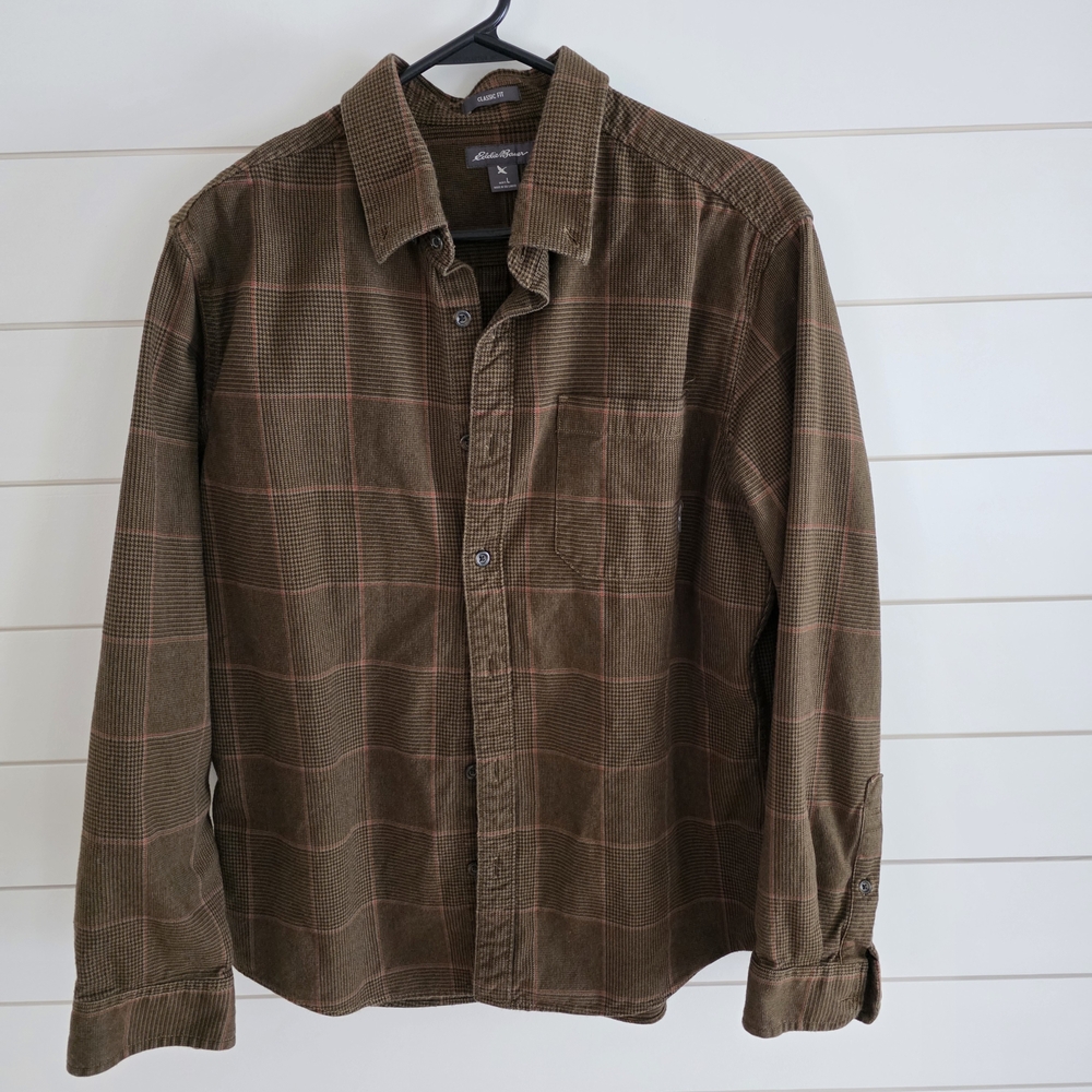 Eddie Bauer Men’s Brown Plaid Flannel Shirt Classic Fit Large 100% Cotton